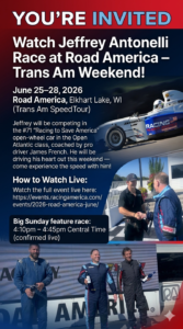 Jeffrey Antonelli racing the #71 Racing to Save America open-wheel car at Road America Trans Am Weekend – Official event invitation